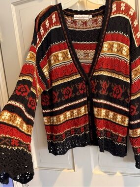 Vintage Delia McCain Multi-Colored Striped V‑Neck Knit Cardigan with Lace Trim